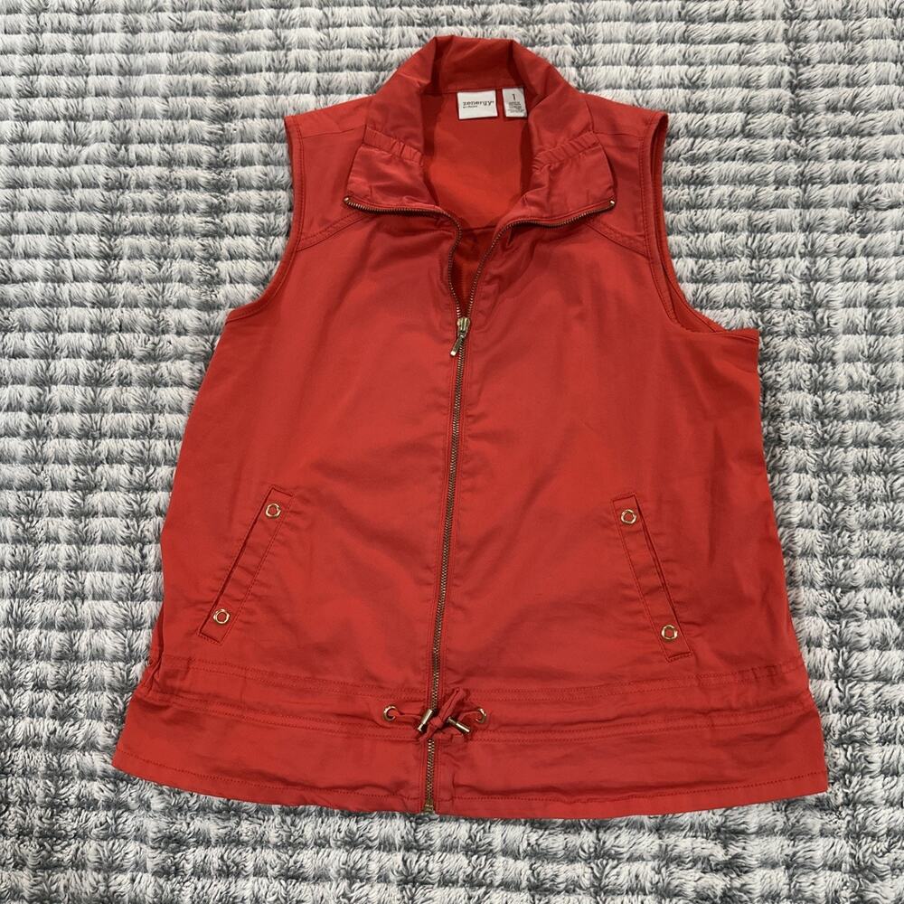 Chicos Zenergy Vest Womens 1 M Red Orange Full Zip Cinch Toggle Tie Sleeveless
